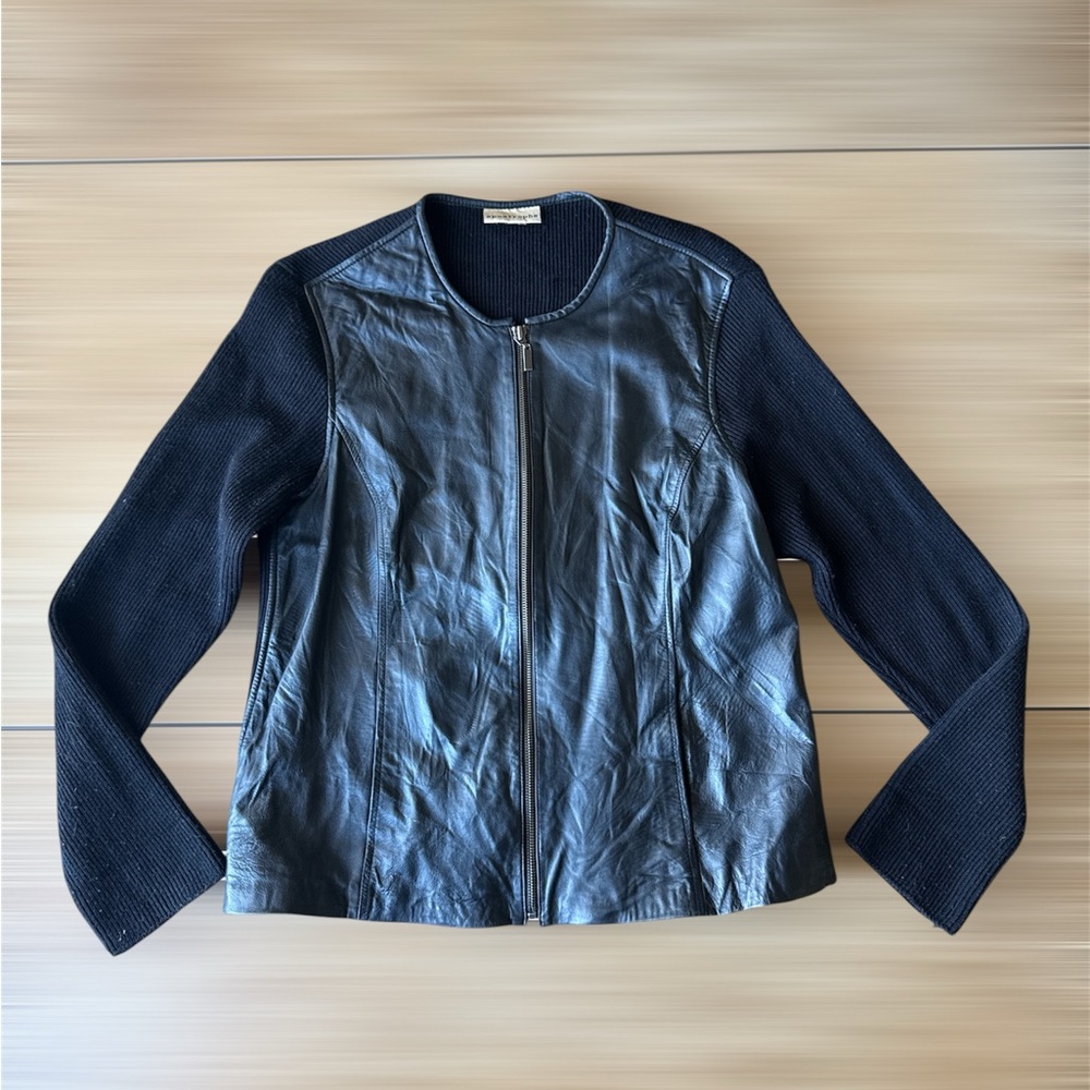 Apostrophe Black Leather Jacket with Knit Sleeves